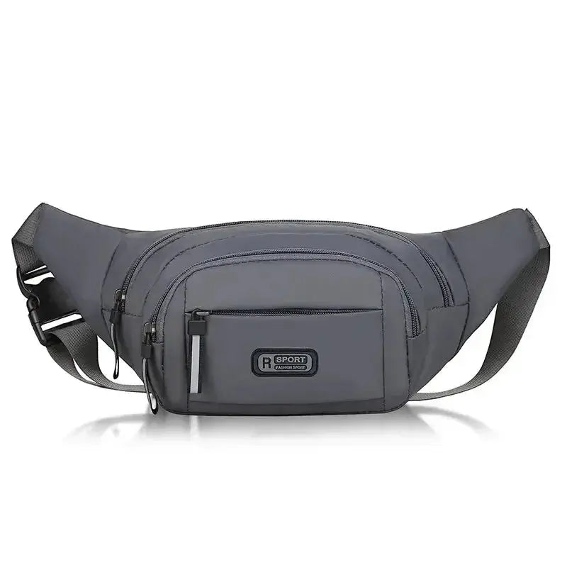 Unisex-fit canvas fanny pack by Simples Market, grey waist bag with multiple zip pockets and adjustable strap.
