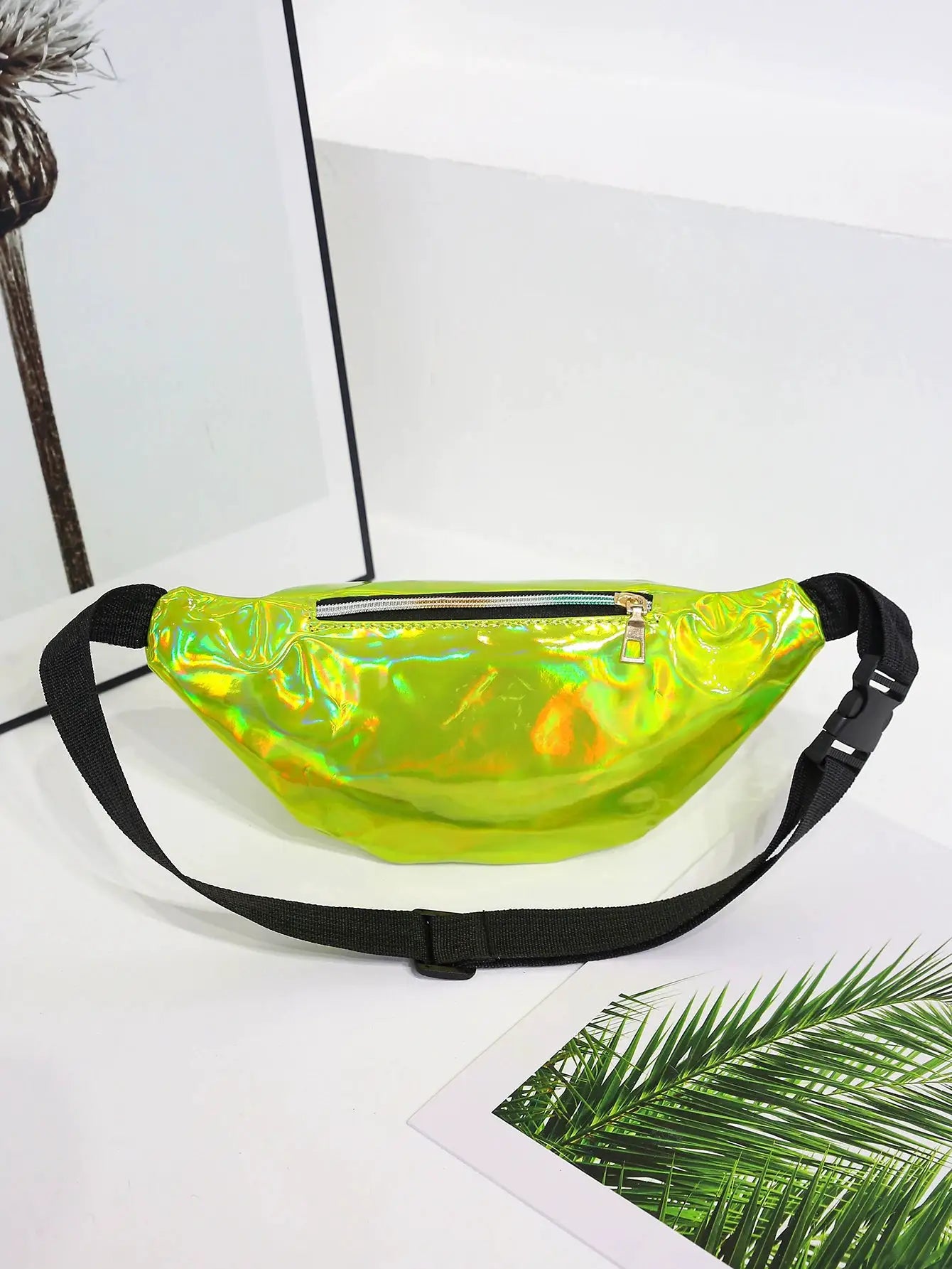 Simples Market holographic fanny pack in lime PU with black strap and gold zipper