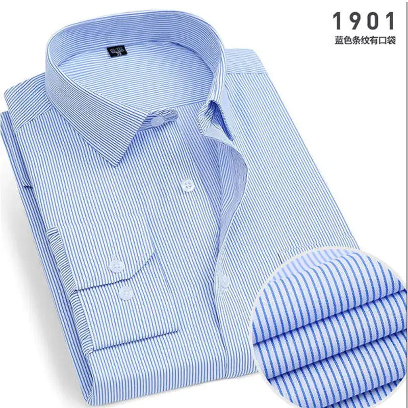 Men's blue and white striped long-sleeve dress shirt, business casual, easy-care.