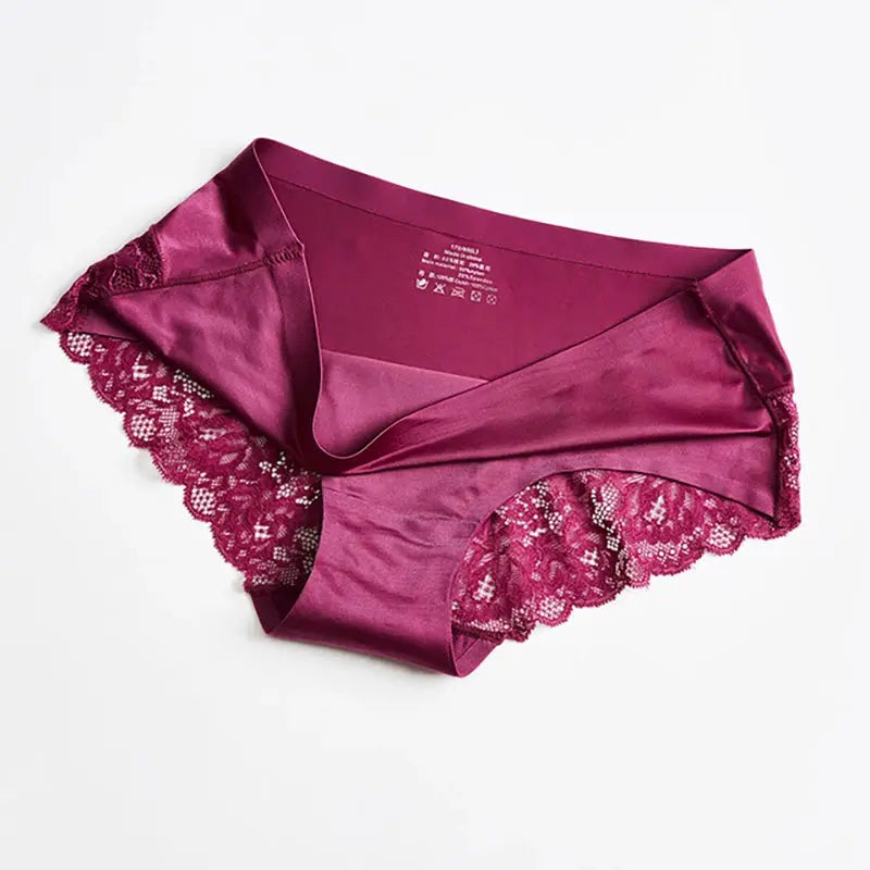 Women's magenta satin lace panties with silky fabric and floral lace trim