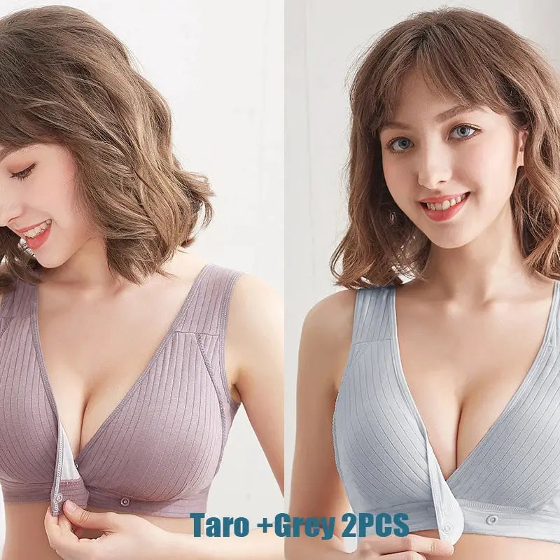Two-piece women's vest-style front-buckle bralette set in lavender and grey cotton rib fabric