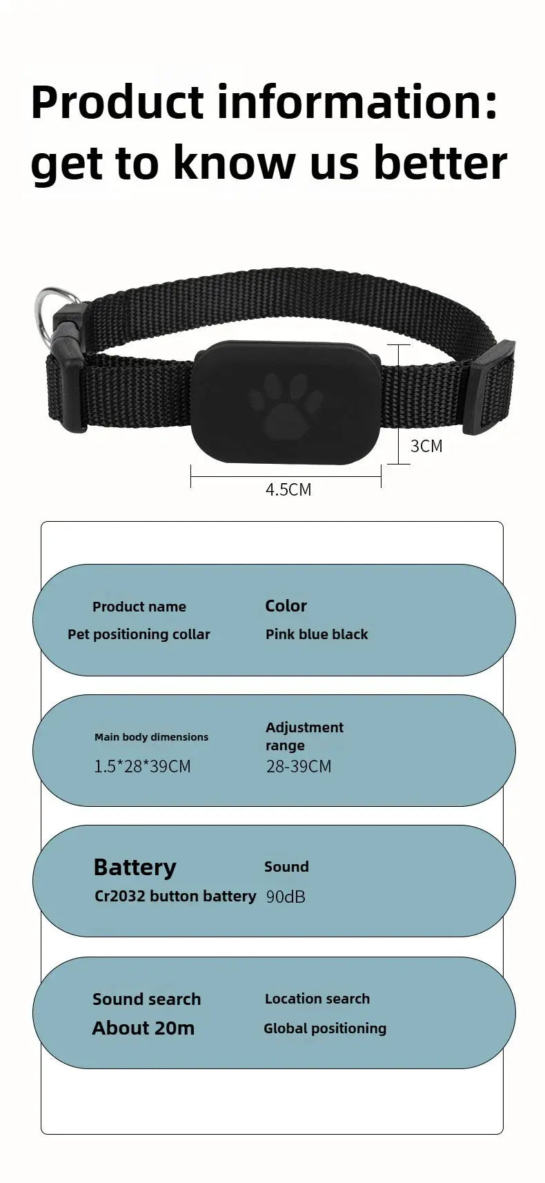 Simples Market pet GPS tracker collar, black with paw-print module, waterproof, real-time tracking for dogs and cats