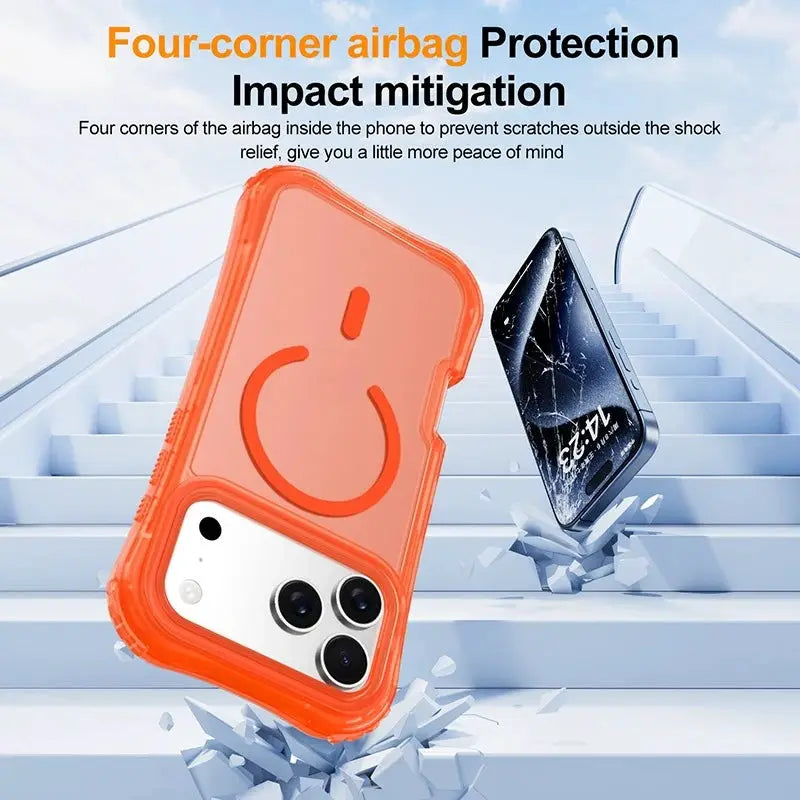 Armor 3IN1 PC+TPU Magnetic Charging Clear Case for iPhone 17 Pro Max by Simples Market, orange bumper and wrist strap