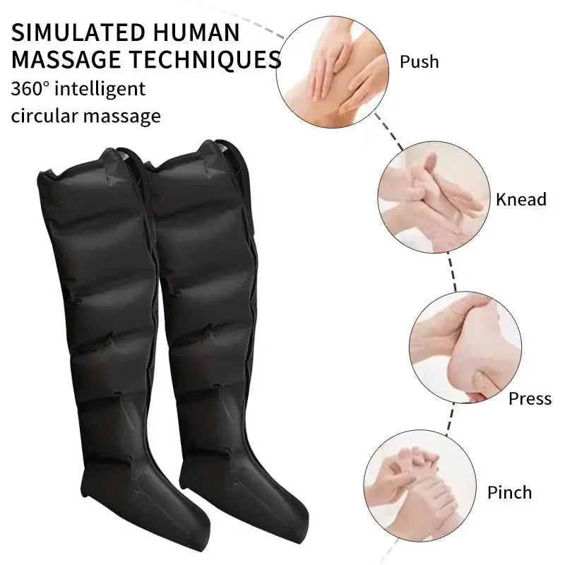 Simples Market air-pressure leg massager boots pair with remote, black kneading calf massage sleeves.