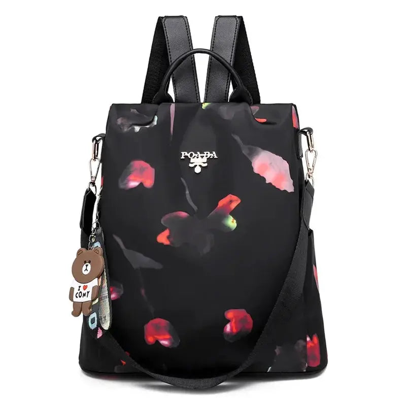 Women backpack by Simples Market, black floral print Oxford cloth, large-capacity travel bag with adjustable strap