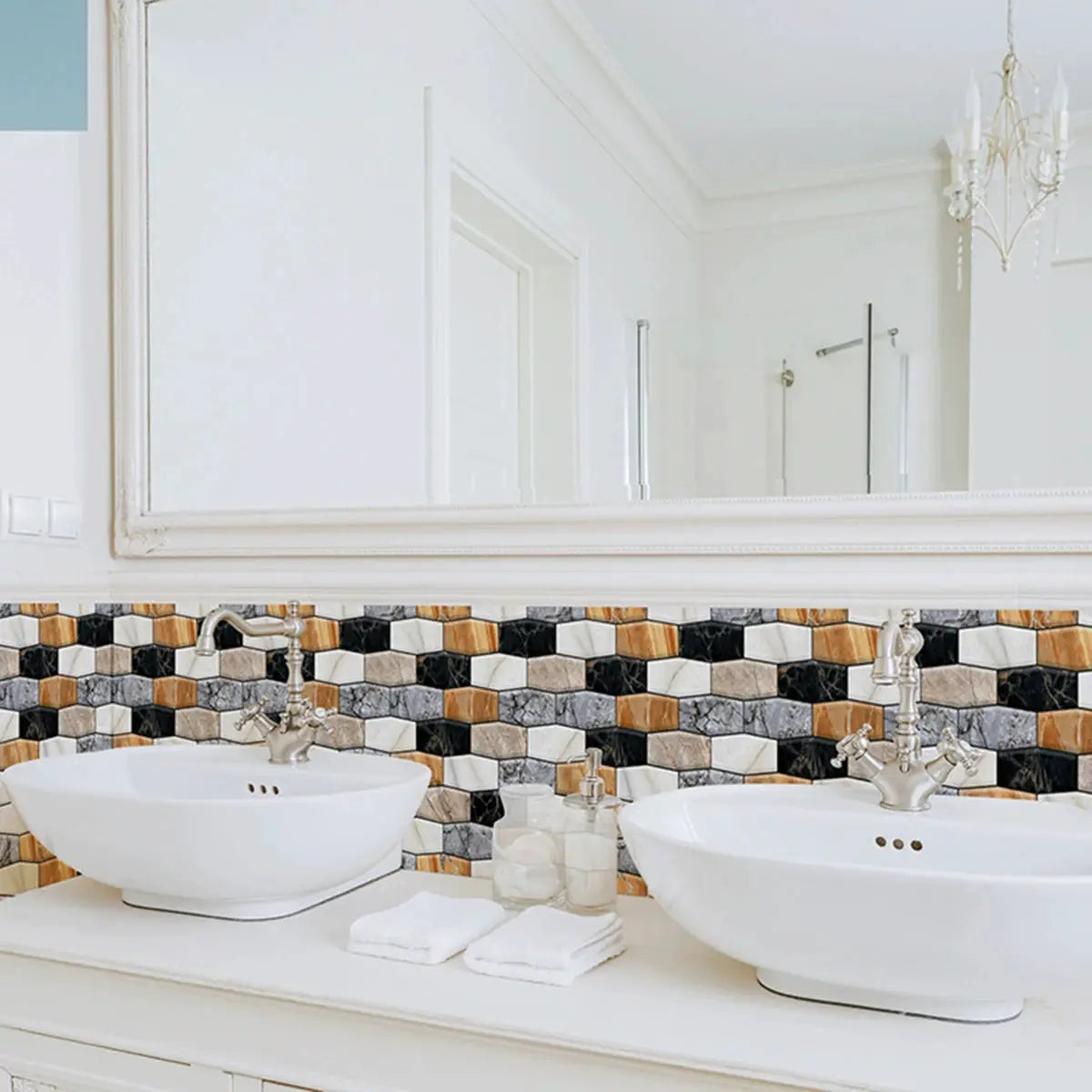 Self-adhesive 3D PVC tile wall sticker set in multicolor mosaic for kitchen and bathroom by Simples Market
