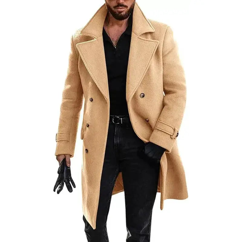 Men's camel wool-blend long double-breasted trench coat with turn-down collar