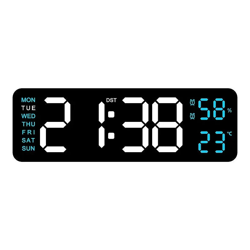 9-inch black digital wall clock with blue LED readouts: time, day column, humidity 58%, temperature 23°C; USB powered.