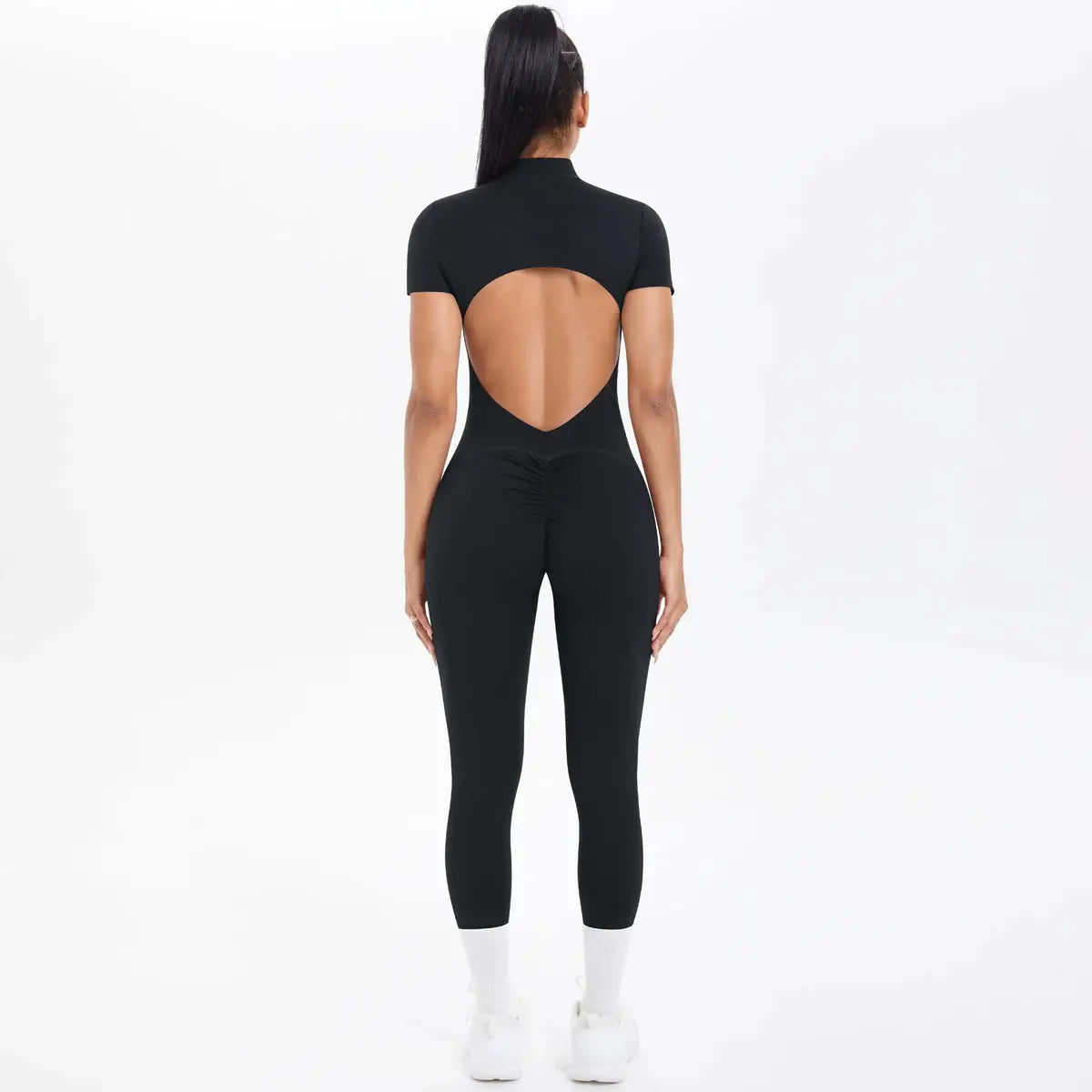 Backless fitness jumpsuit for women, Simples Market black scrunch one-piece gym/yoga suit