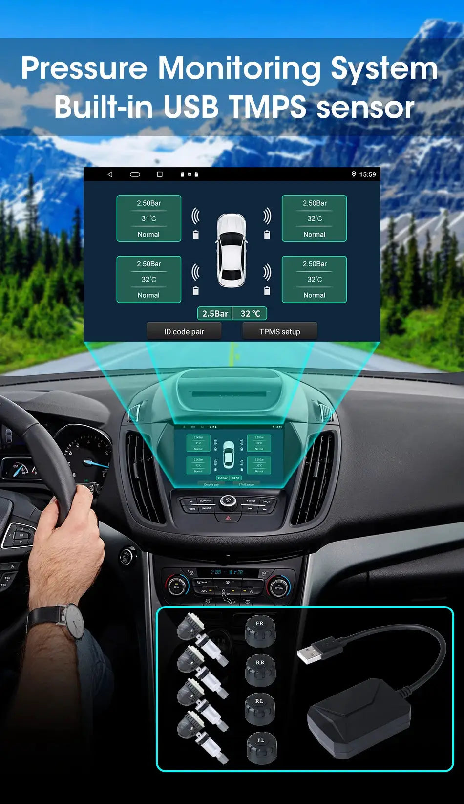 JMCQ USB Android TPMS tire pressure monitoring system with 5 sensors and dashboard display by Simples Market.