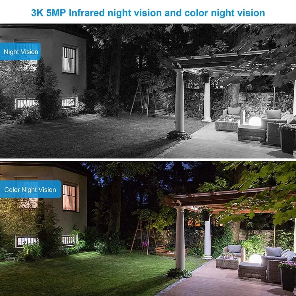 CCTV PoE IP outdoor security camera; waterproof with infrared and color night vision shown in a backyard scene.