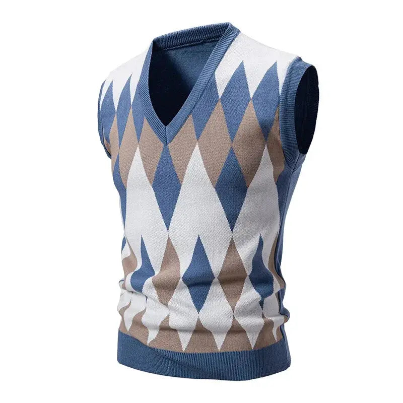 Men's argyle knitwear vest, sleeveless V-neck in blue, beige and white argyle pattern
