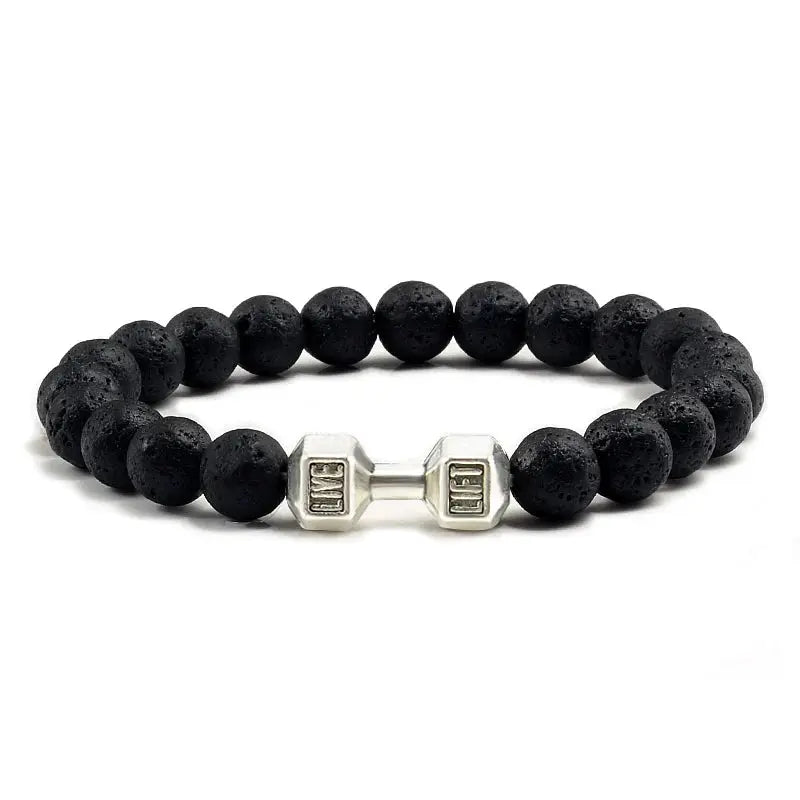 Natural Volcanic Stone Bracelet For Men And Women Matte Black Lava White Beads Dumbbell Charm Strand Fitness Jewelry