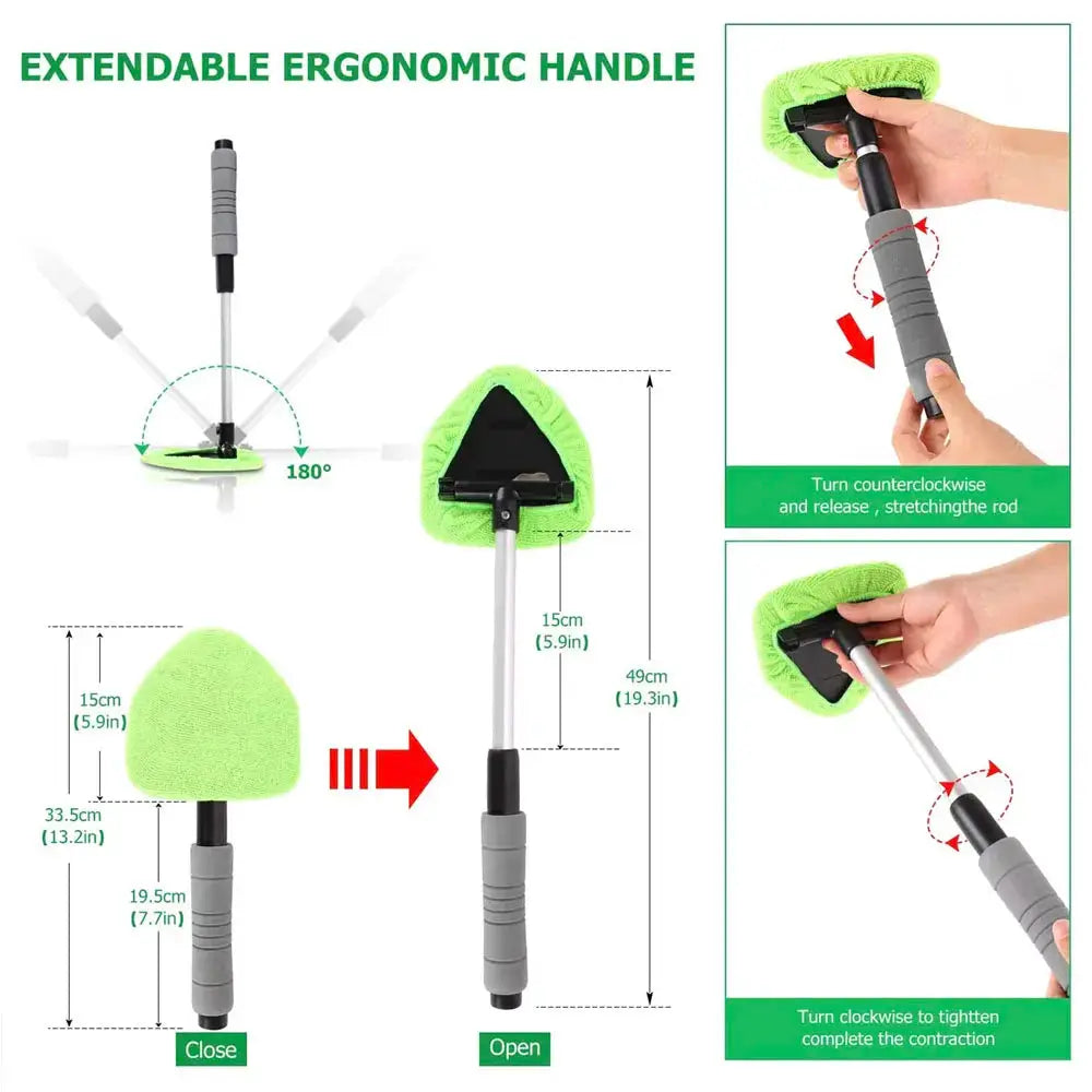 Telescopic car window cleaner from Simples Market with green microfiber pad and extendable ergonomic handle