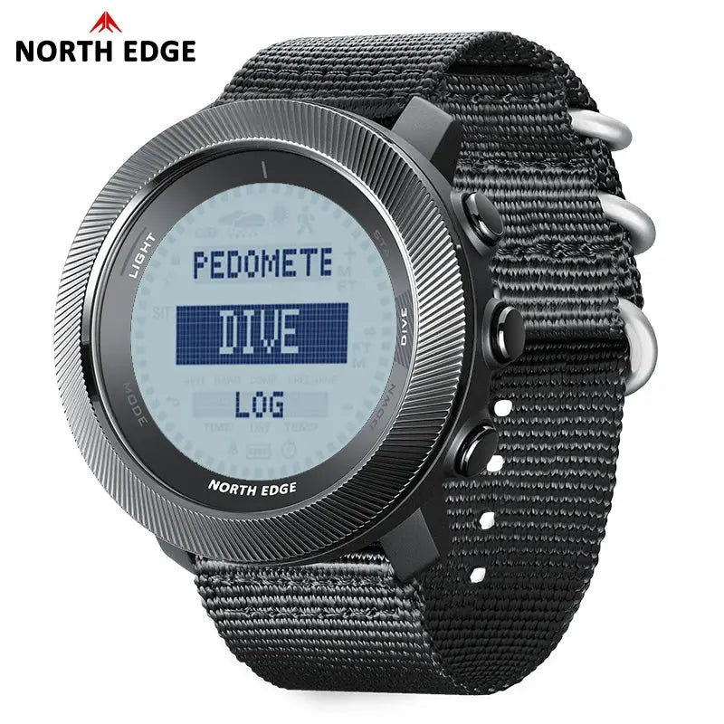 North Edge Apache-D digital dive watch with black nylon strap, 100m water resistance, barometer and compass