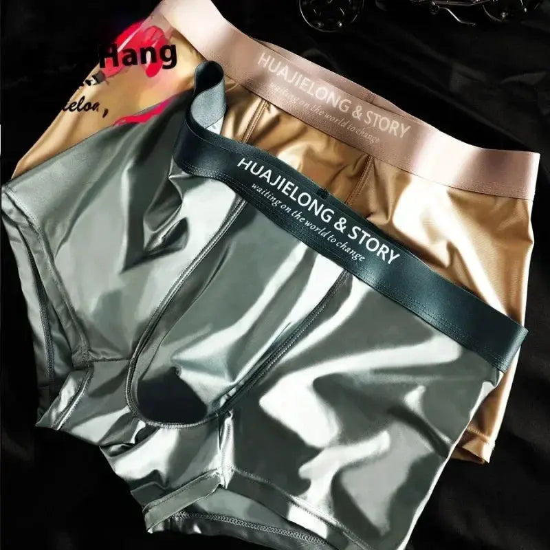 2-pc men's ice-silk satin boxer shorts in gray-silver and tan with HUAJIELONG & STORY waistband