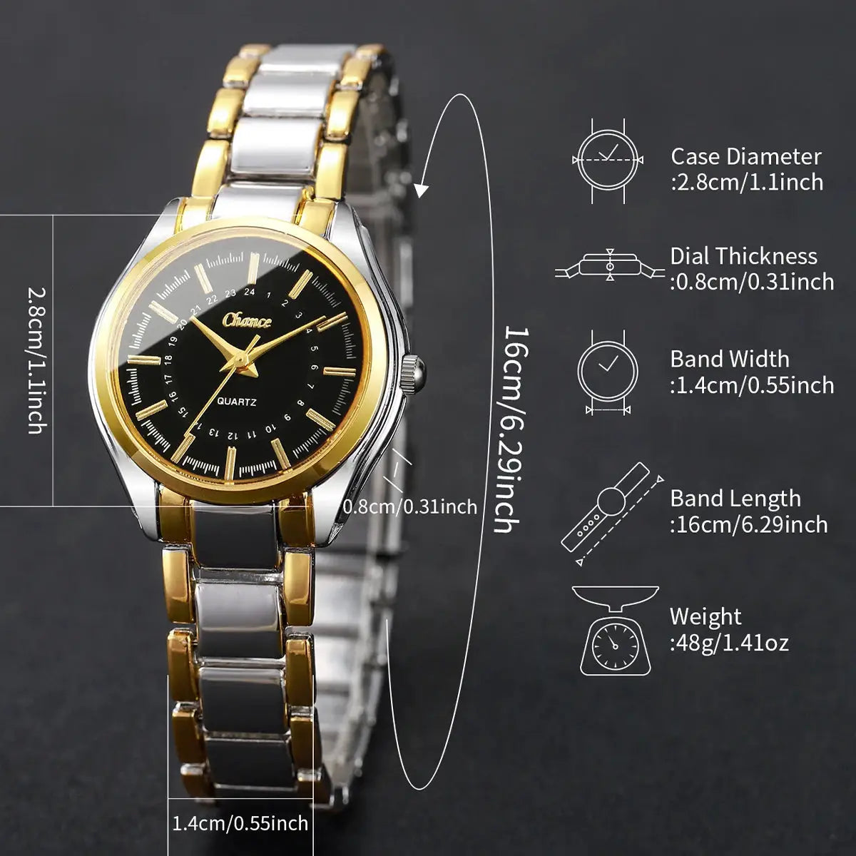 4-piece women's fashion watch set by Simples Market; gold and silver two-tone bracelets with black dial analog quartz