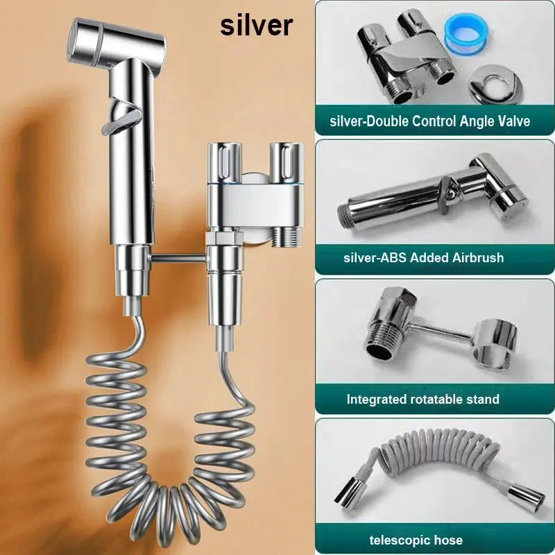 Toilet bidet sprayer set by Simples Market, silver chrome with coiled hose and dual-angle valve