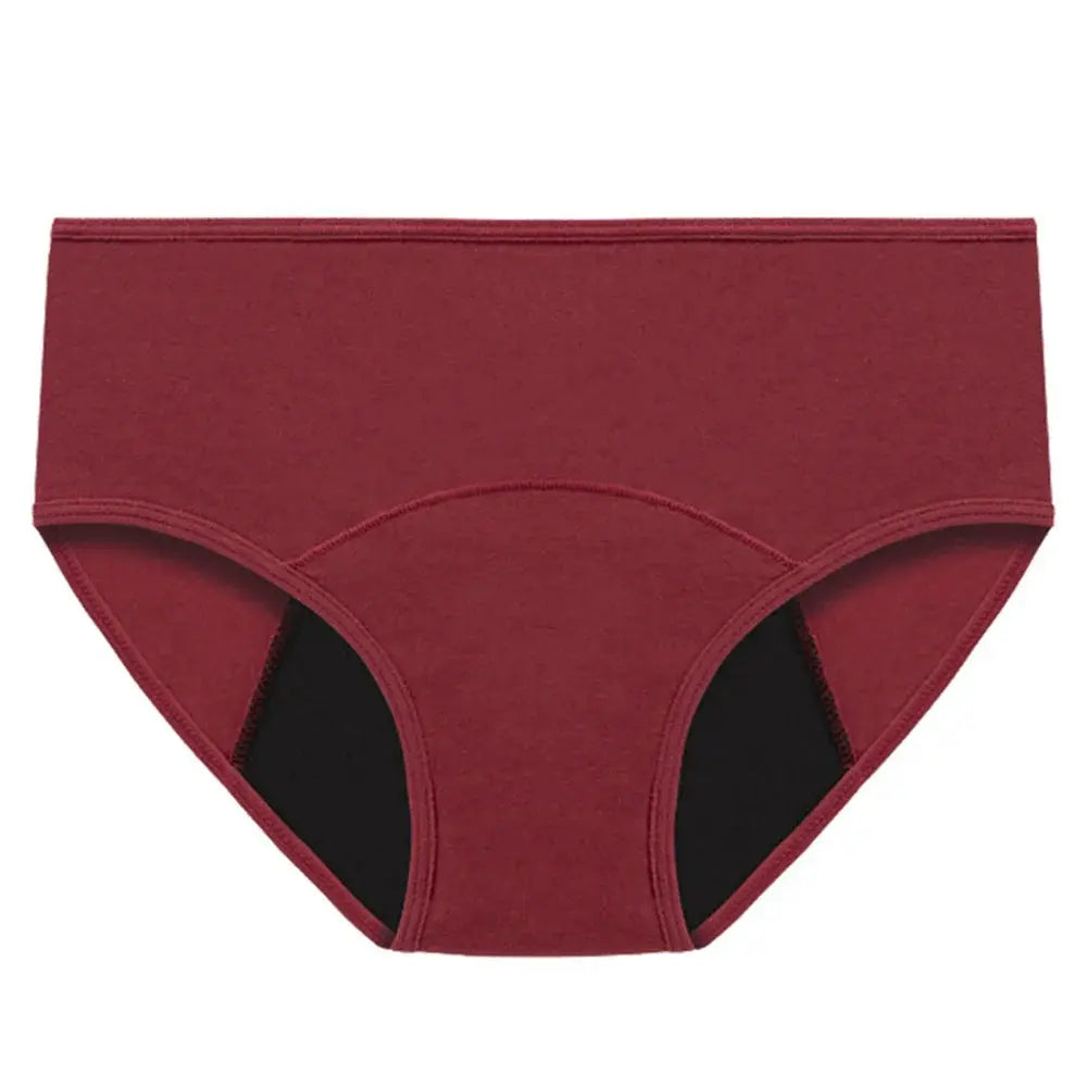 Menstrual panties by Simples Market, red cotton low-rise briefs with black gusset, breathable.