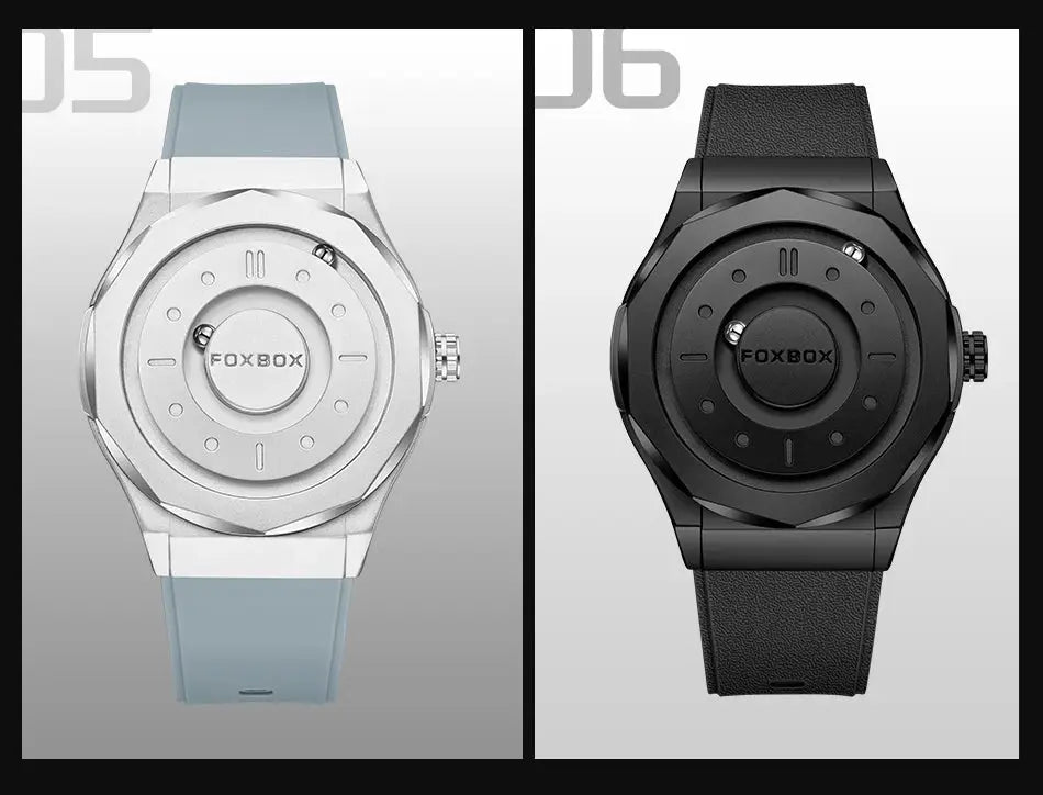FOXBOX men's stainless steel quartz watches, 2 color variants: silver with light-blue strap and black with black strap