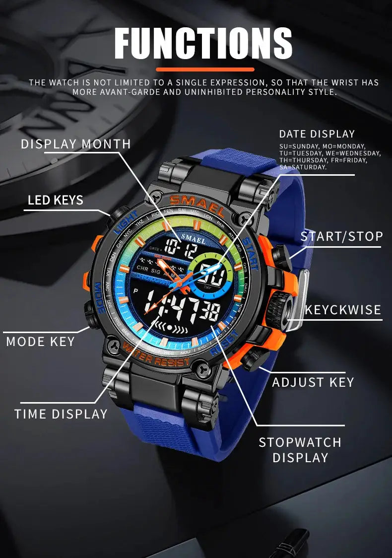 SMAEL 8141 Men's Digital Sport Watch with blue TPU strap, alloy case, 50M water resistant, multifunctional stopwatch