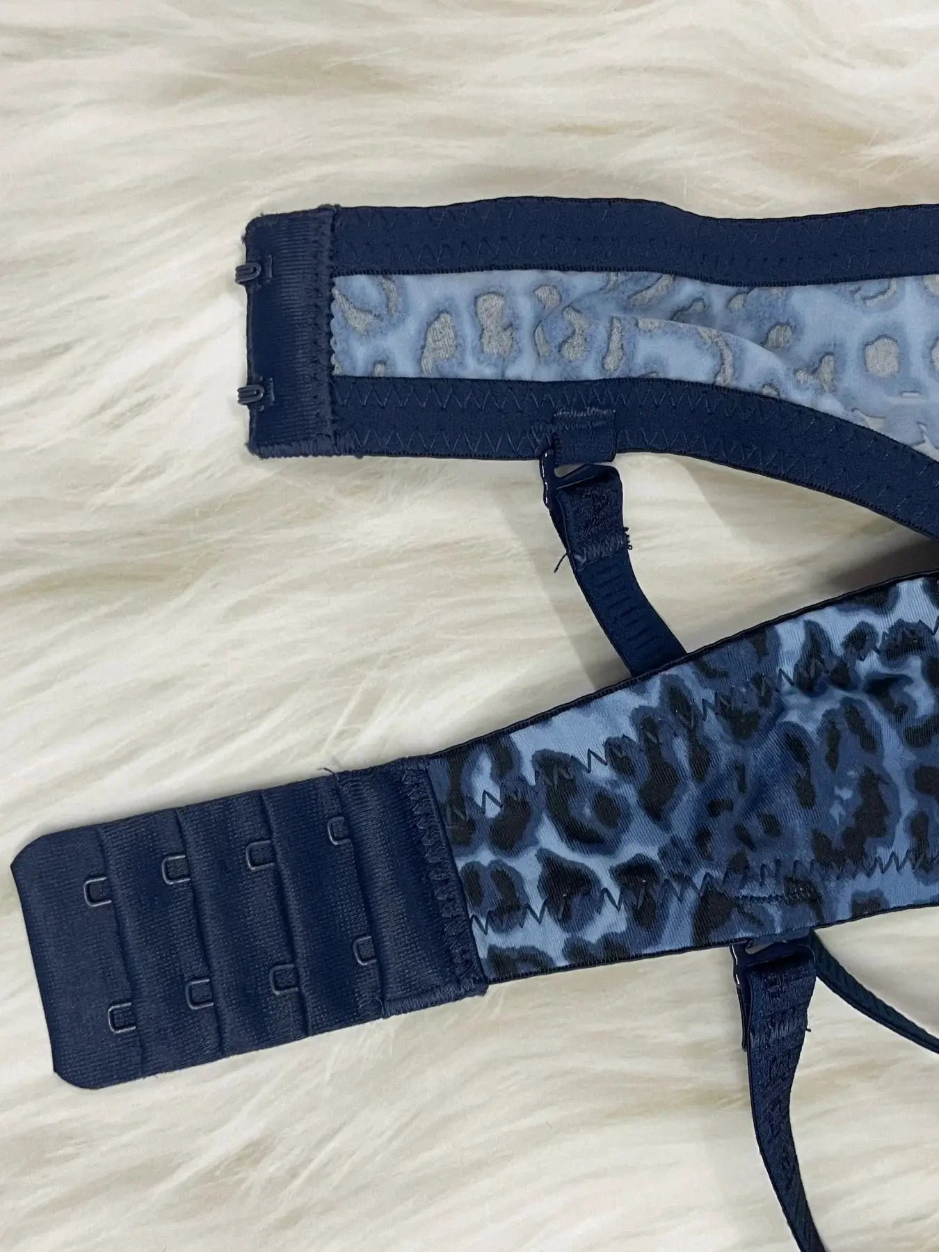 Diana Rose leopard print push-up bra, navy exterior with steel ring detail, B cup