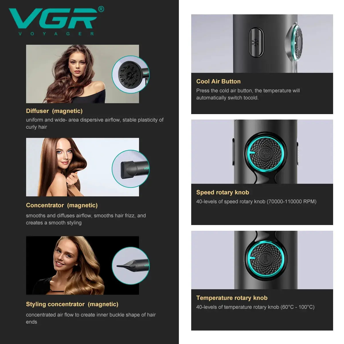 VGR V-401 hair dryer by Simples Market; black with turquoise accents, featuring cool air button and rotary knobs.