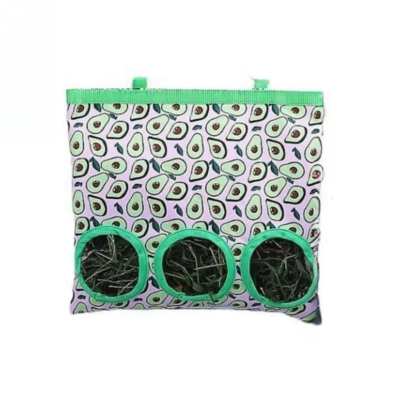 Simples Market rabbit hay bag with avocado-pattern fabric and three green hanging hay pockets