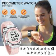 Hearkent pedometer sport watch with pink fabric strap; two watches shown during a workout