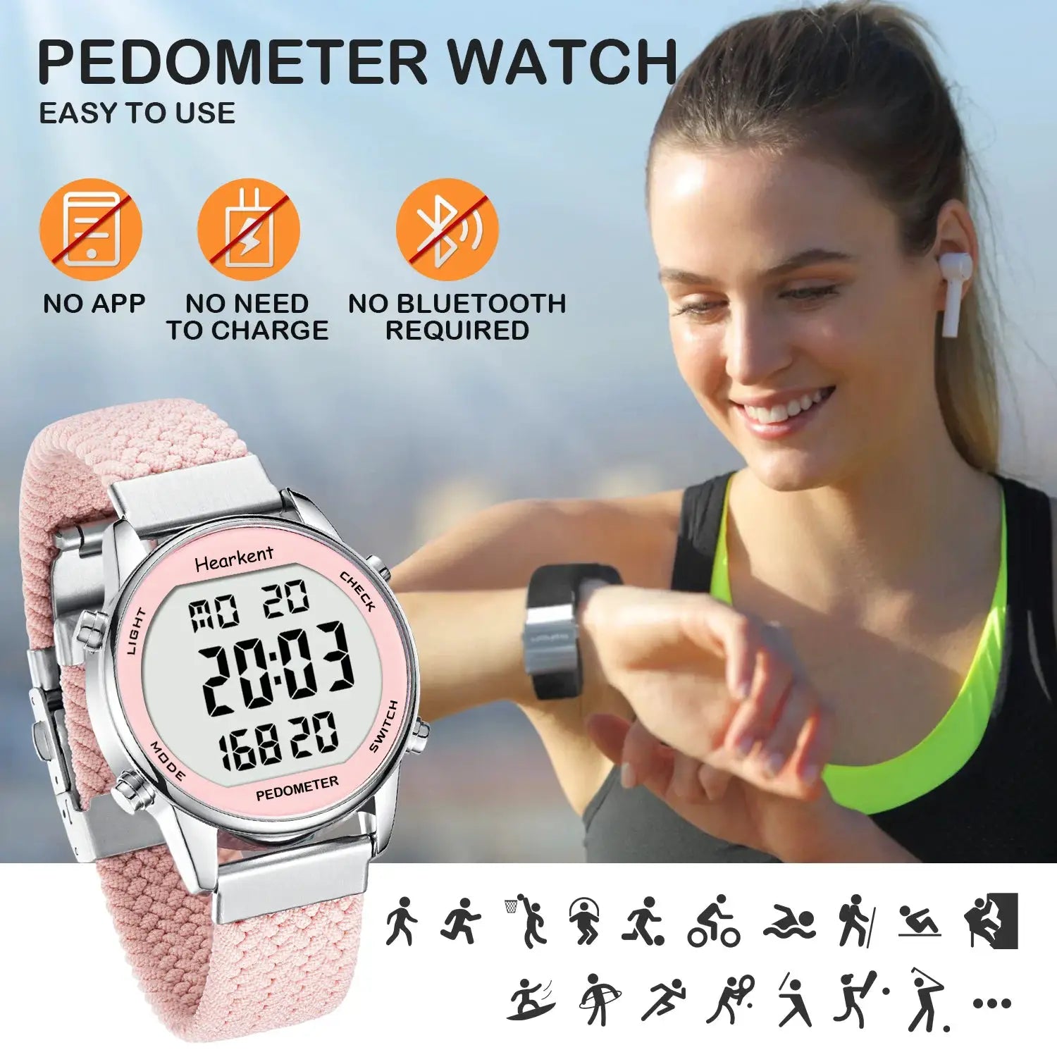 Hearkent pedometer sport watch with pink fabric strap; two watches shown during a workout