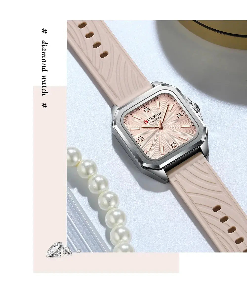 CURREN 9113 ladies quartz watch with rose-pink square dial and beige silicone strap