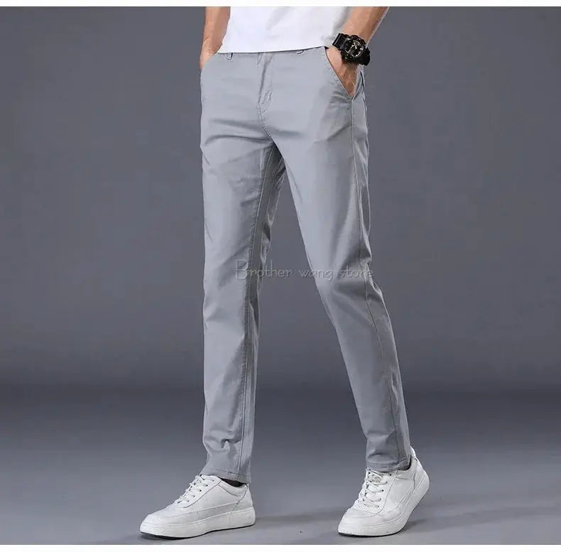 Simples Market men's cotton casual pants, light gray, straight slim fit long trousers