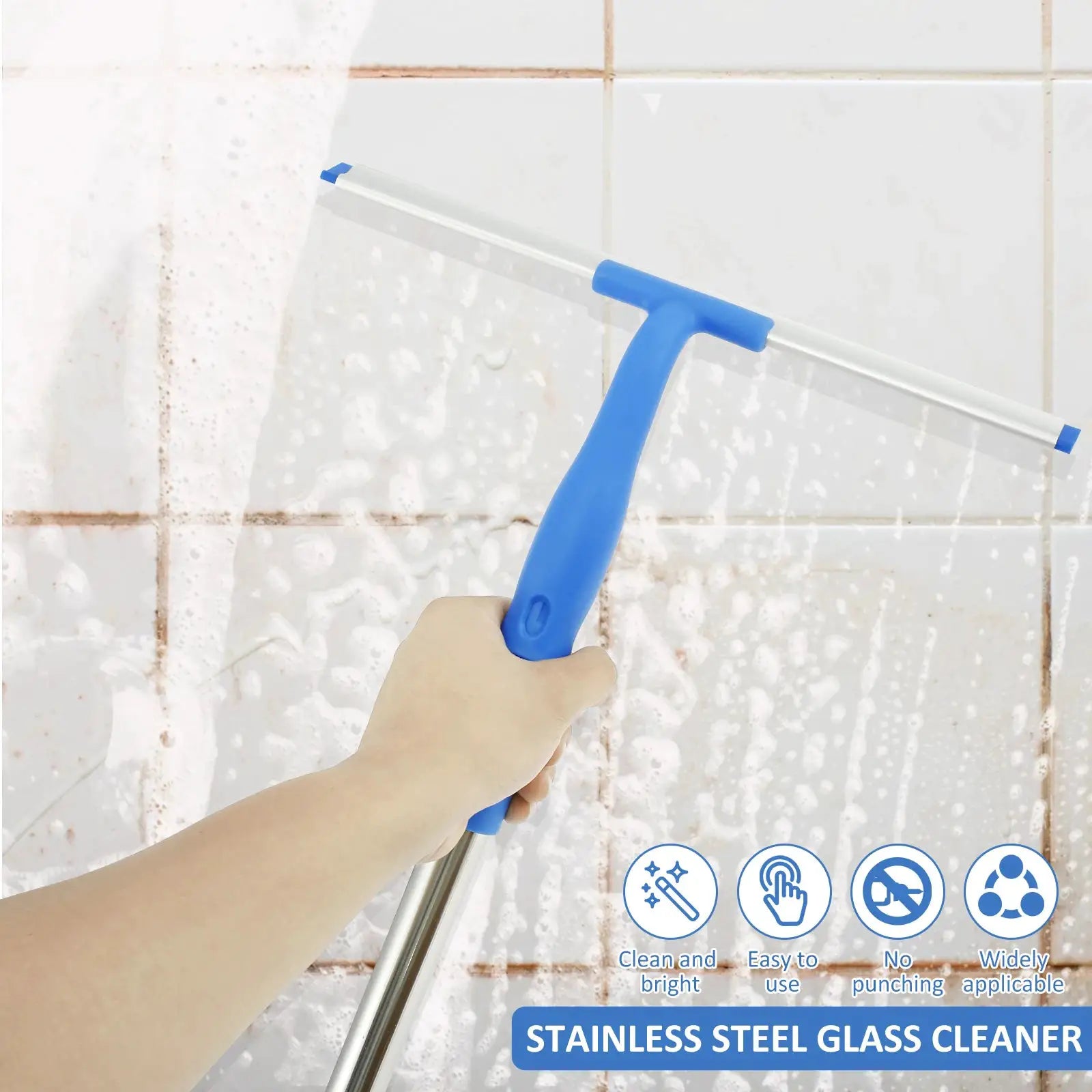 Simples Market extendable window cleaner with blue handle and 180° rotatable squeegee