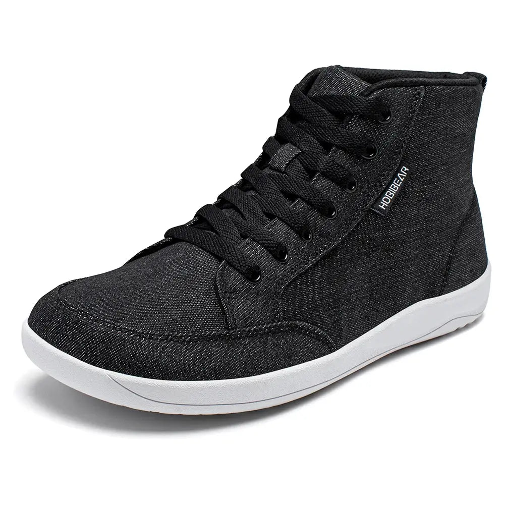 HOBIBEAR mid-top canvas sneakers, black denim, lace-up, white sole, unisex walking shoes
