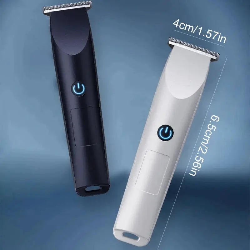 Two adjustable cutter head USB-charging hair clippers for beard and hair trimming in black and silver with blue power buttons