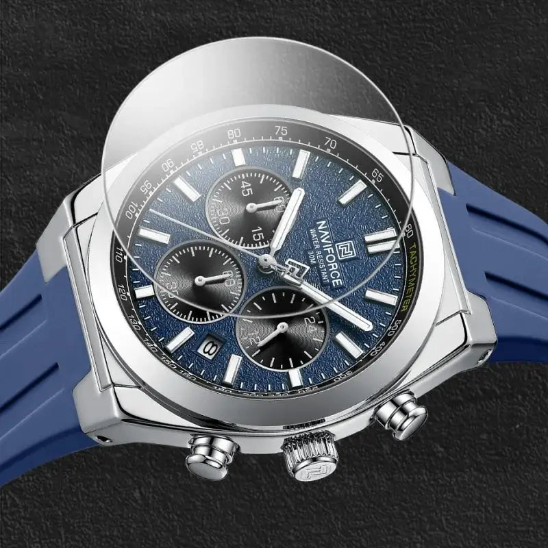 NAVIFORCE men's chronograph watch with blue silicone strap, silver case, luminous hands, 3ATM water resistant