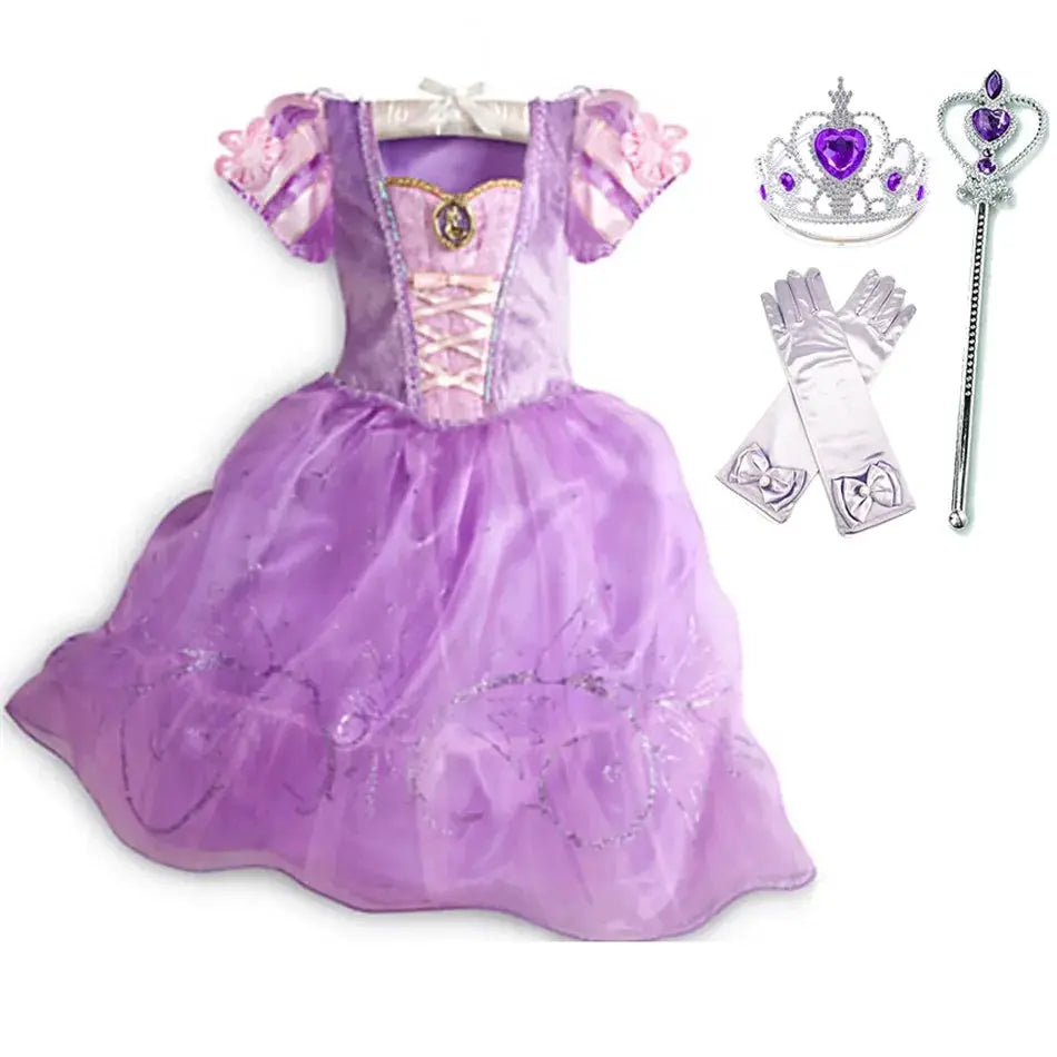 Kids Princess Costume Party Dress With Floral Pattern And Appliques Inspired By Rapunzel And Belle