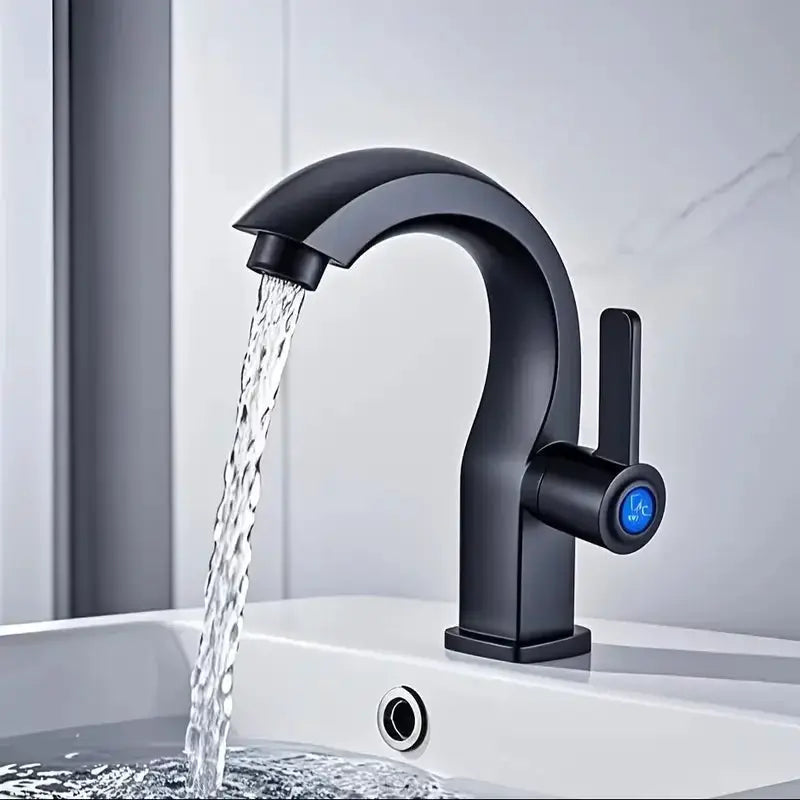 Modern matte black bathroom faucet by Simples Market with curved spout and side lever for single-hole installation.