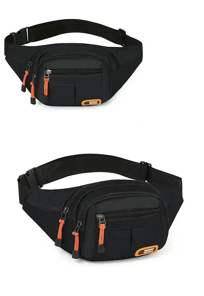 Simples Market black Oxford waterproof waist bag with multiple pockets and orange zipper pulls