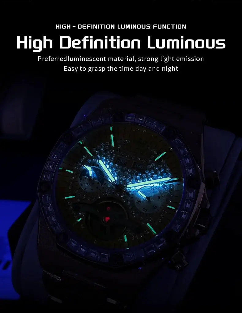 OLEVS gold steel men's watch with green luminous hands and markers