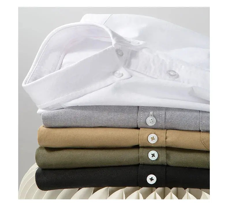 Men's 100% cotton long-sleeve shirt in six solid colors, folded stack