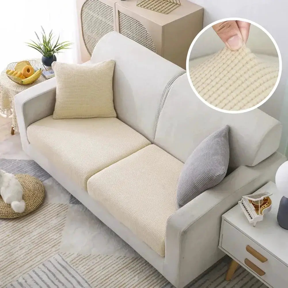 Simples Market jacquard polar fleece sofa cover in beige, a removable couch protector for a chaise lounge.