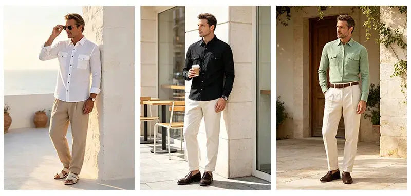 Three men's long-sleeve casual shirts with double chest pockets and button-up fronts in white, black, and green