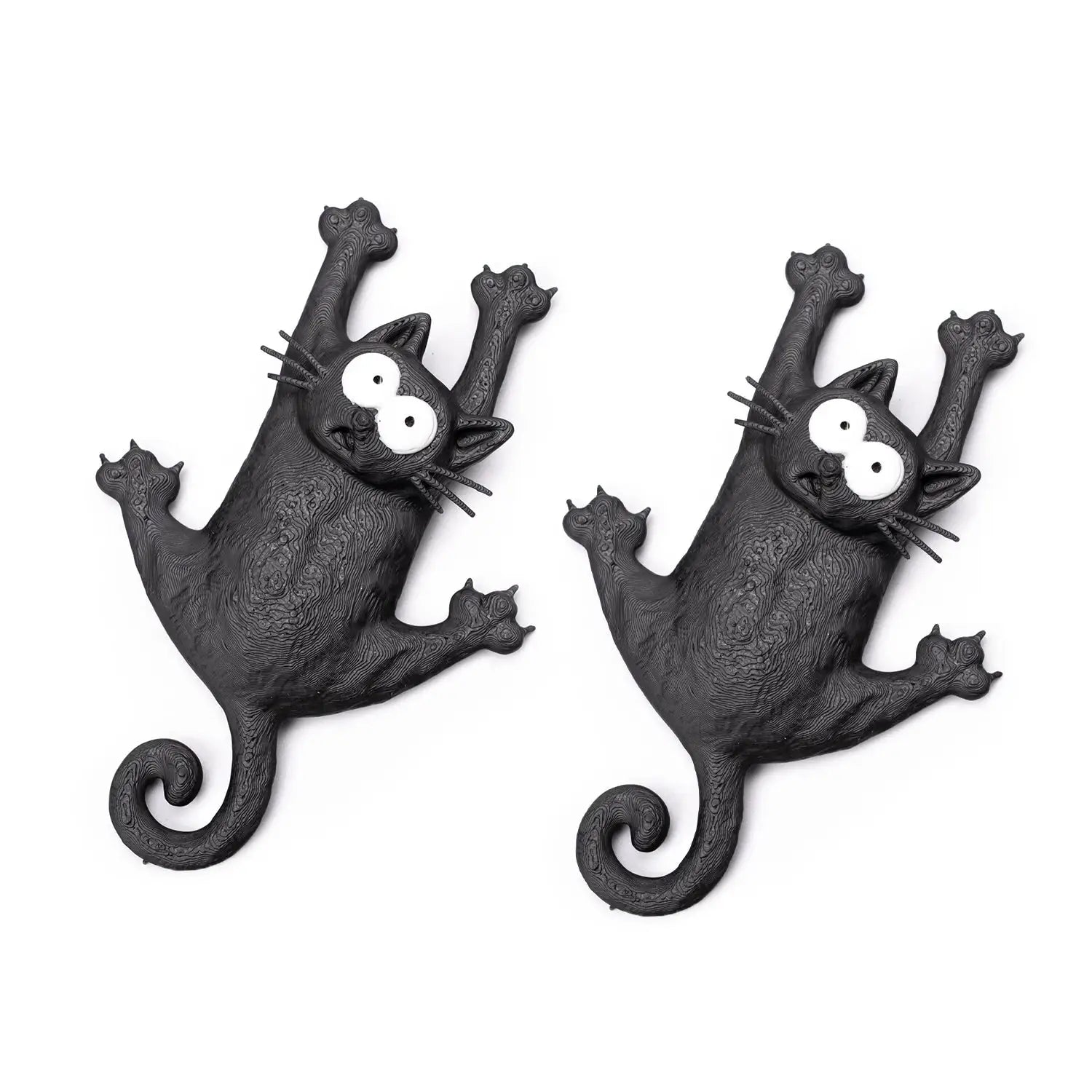 Hang in There Fridge Cat magnets; two black cats with white eyes and textured fur, Simples Market.
