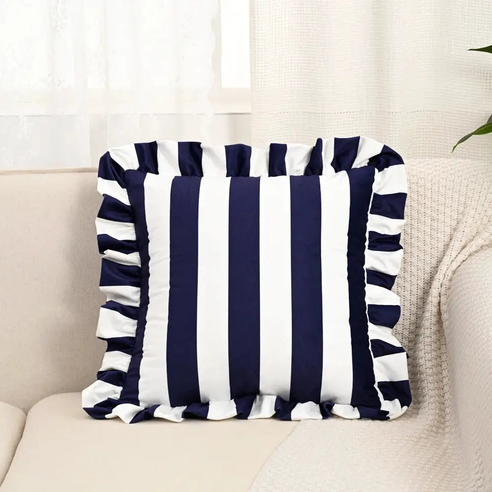 Striped lace velvet pillowcase, 18x18 inches, navy and white with ruffled edges