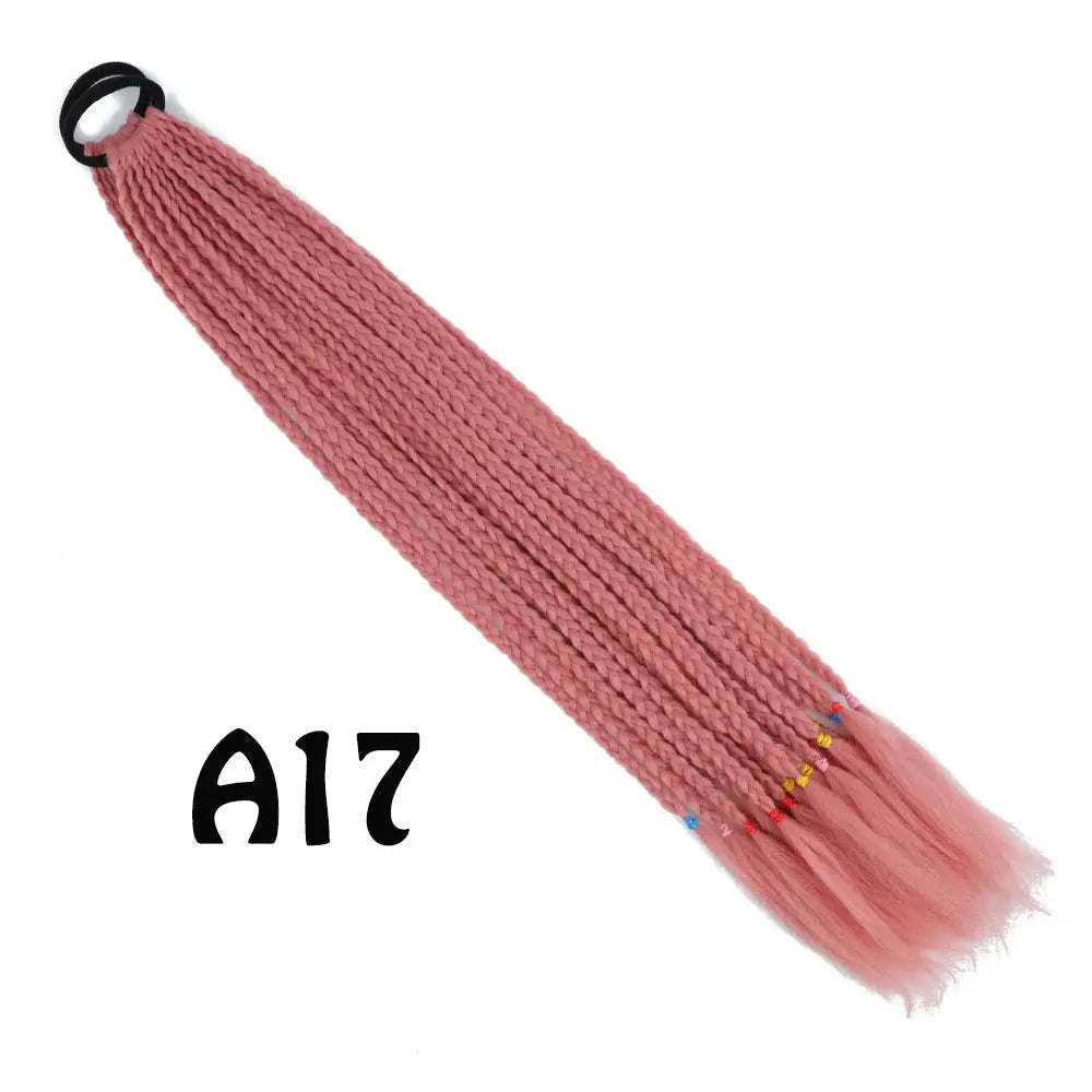 Synthetic gradient pink braided ponytail extension with elastic band and colorful end beads, 24 inches