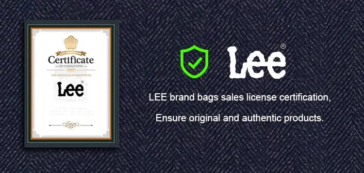 LEE certificate of authenticity and logo on dark denim background