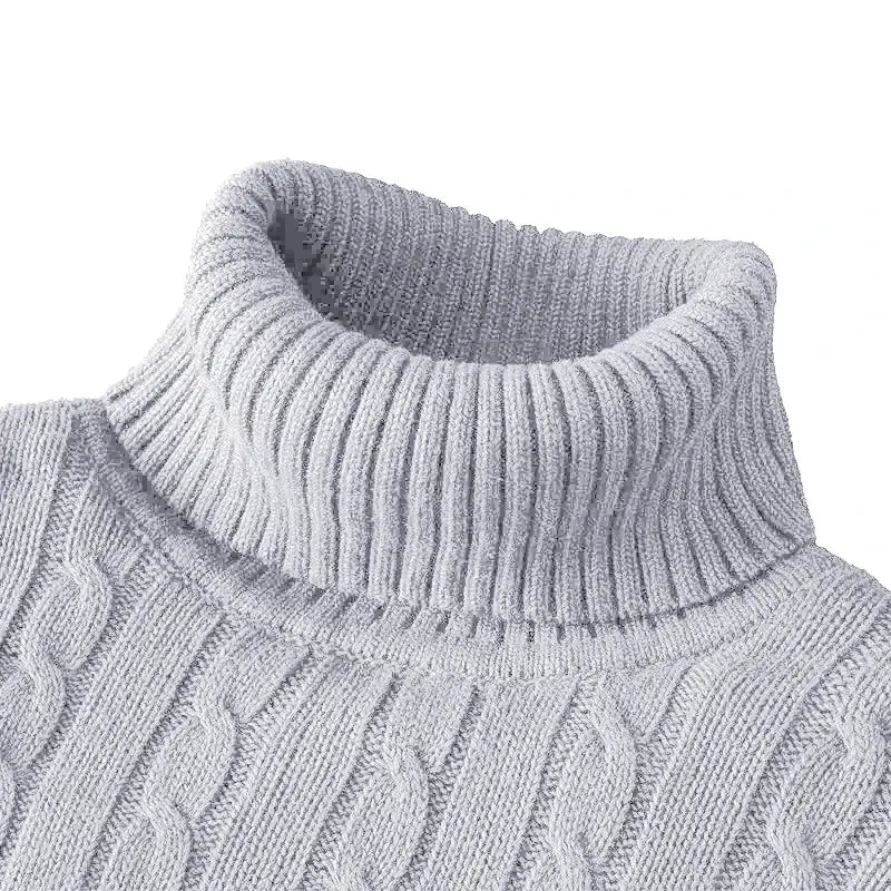 Simples Market outdoor men's long-sleeve knitted turtleneck sweater, light gray heavyweight cable-knit pullover.