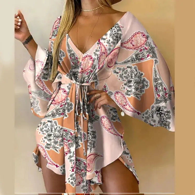 Women Boho Floral Print V Neck Bat Sleeve Ruffle Sundress Beach