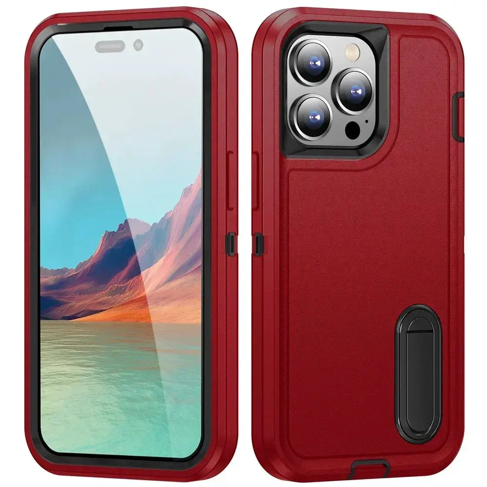 Case for iPhone red rugged heavy-duty kickstand; shockproof and anti-scratch protection.
